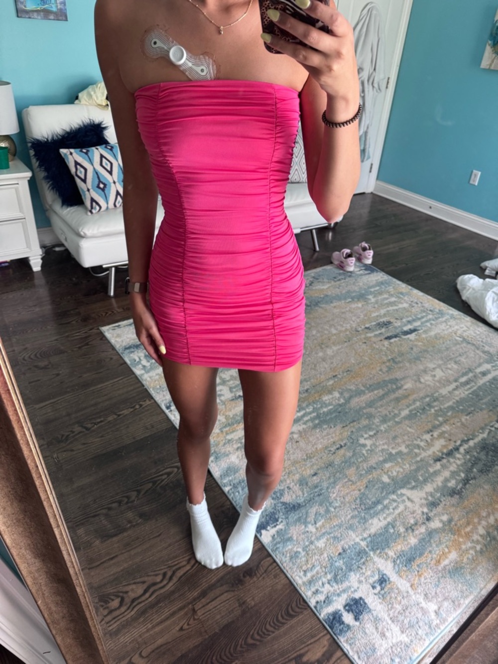 SHEIN Strapless Ruched Mini Dress in Bright Pink